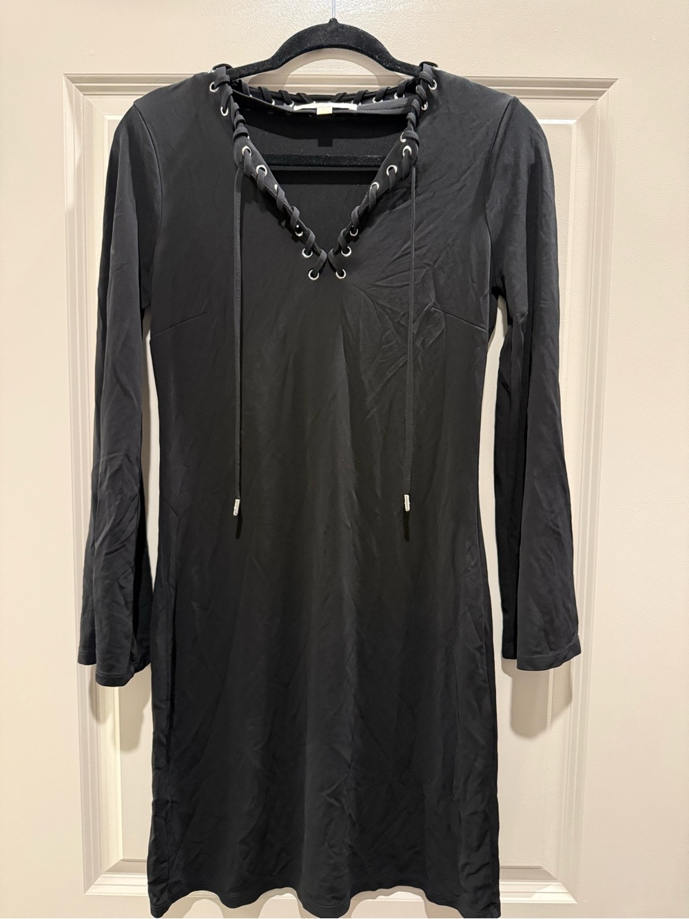 Michael Kors Black Lace-Up V-Neck Long Sleeve Dress